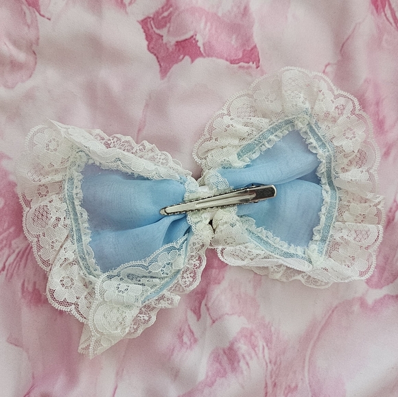 La Pafait Super Rare Hime Gyaru Blue White Lace Bow with Heart Rhinestone - Picture 4 of 8